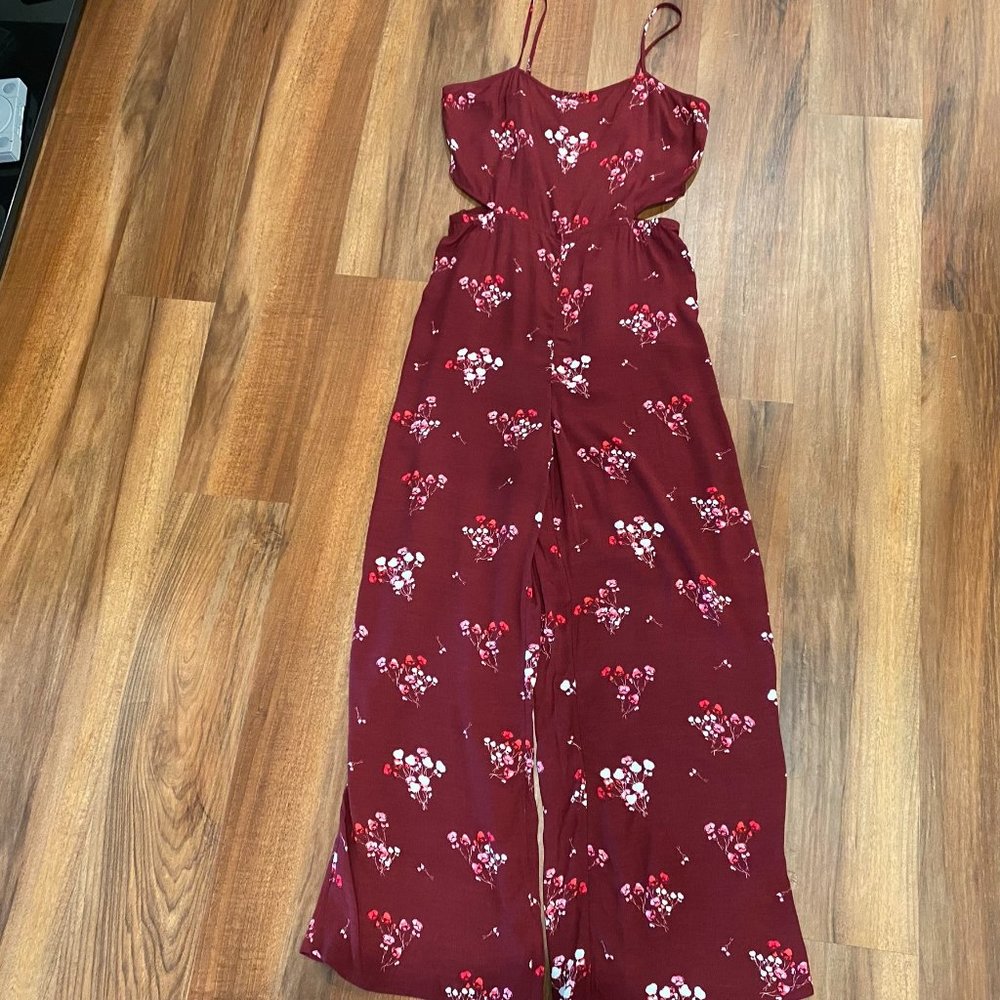 Express Maroon Floral Jumpsuit Side Cutouts  L NWT